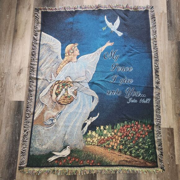 Woven Tapestry Throw Blanket Afghan John 14:27 Angel Peace Dove Christian Theme - Picture 1 of 3